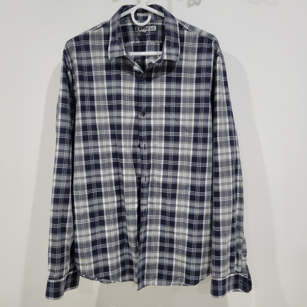 Express Men's Blue and Gray Plaid Shirt / Fitted / Size XL